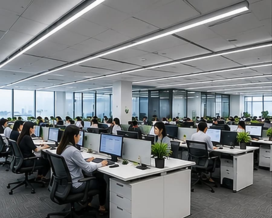 An open-plan corporate office floor with rows of workstations